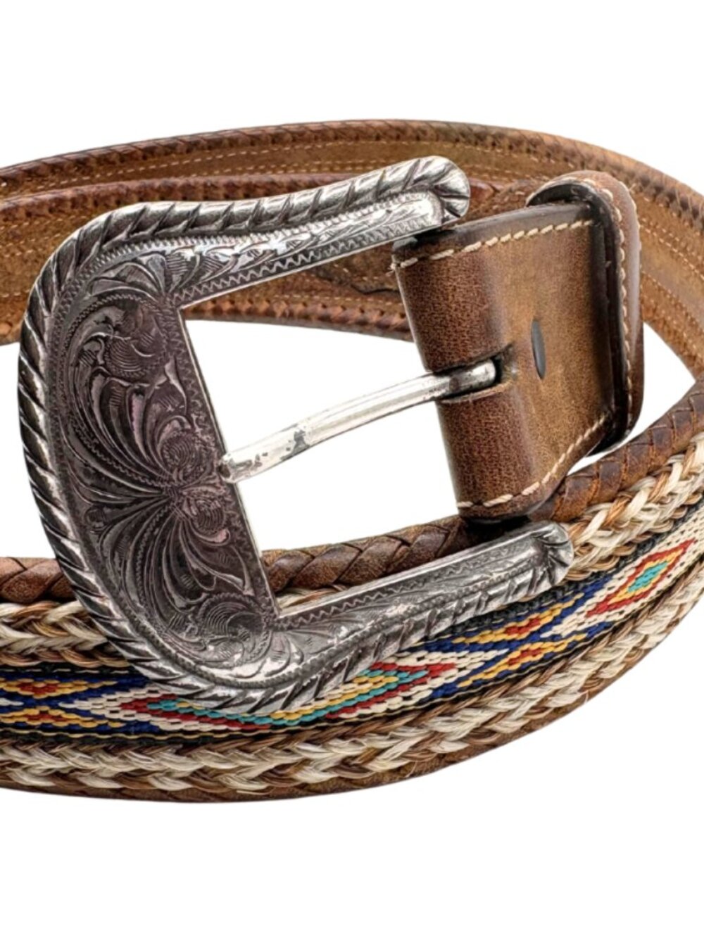 Vintage Southwestern Western Belt Braided Leather Engraved Buckle Boho Cowgirl